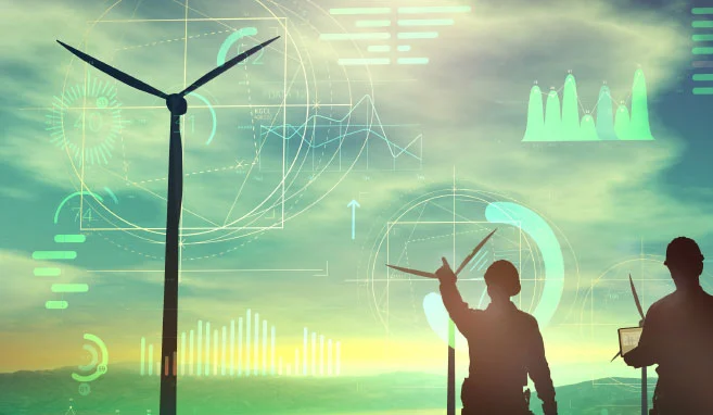 Zwei Ingenieure stehen vor Windkraftanlage, führen Schadensanalyse durch Statistiken eingeblendet