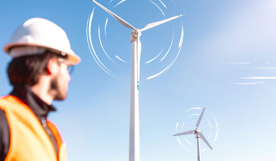 Ingenieur mit PSA vor onshore Windpark