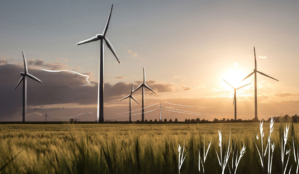 Onshore Windkraftanlagen in einem Feld bei Sonnenuntergang 